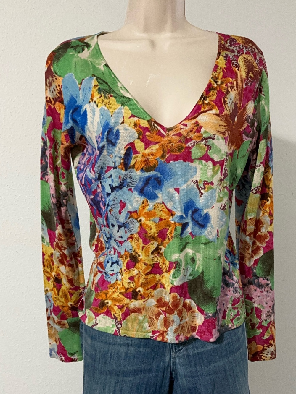 Vintage Versace Jeans Couture 100% Silk Watercolor Floral Knit Top Size M